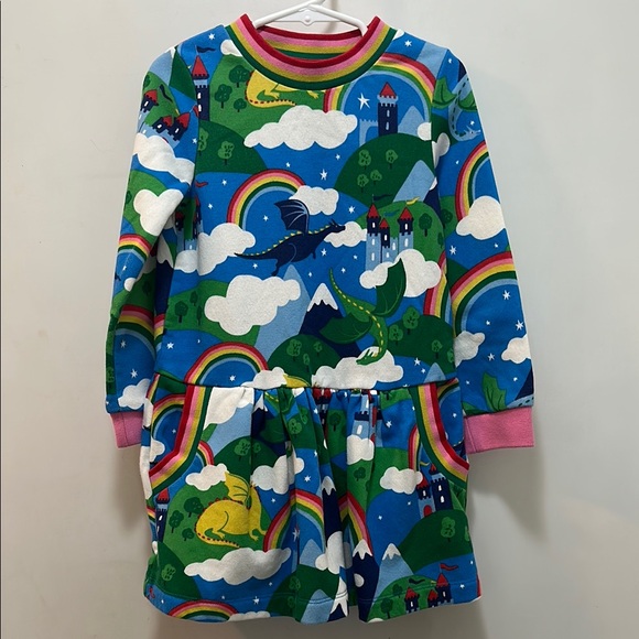 Mini Boden Colorful Kids Sweatshirt Dress with Rainbow and Dragon Print  Size 4-5